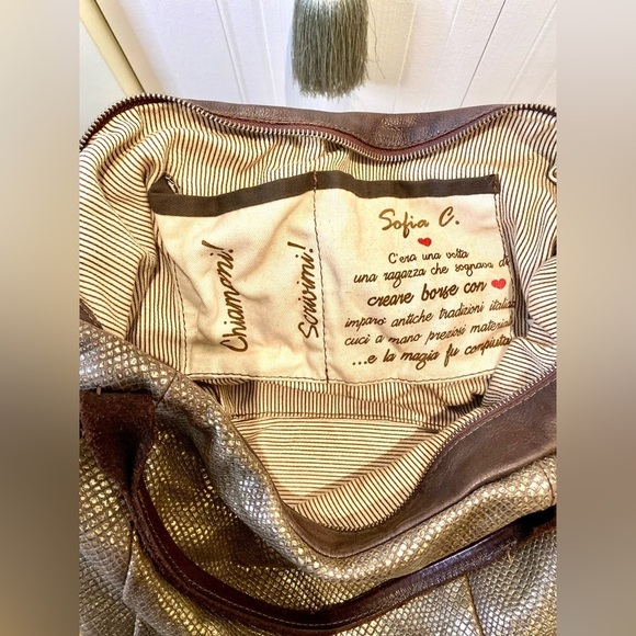 Y2K Sofia C.  leather bag w/shimmer gold snakeskin fabric & silver hardware 🤎💛 - Picture 10 of 15